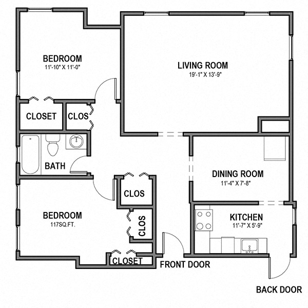 Floor plan for 2 beds, 1 bath, 837 sqft